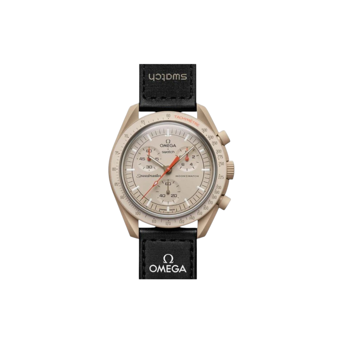 JeevzPlug Swatch x Omega Bioceramic MoonSwatch Mission to Jupiter watch with beige case and black VELCRO strap