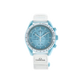 JeevzPlug Swatch x Omega Bioceramic Moonswatch Mission to Uranus watch with pastel blue case and white Velcro strap