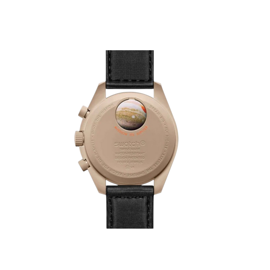 JeevzPlug Swatch x Omega Bioceramic MoonSwatch Mission to Jupiter watch case back with planet graphic and black strap
