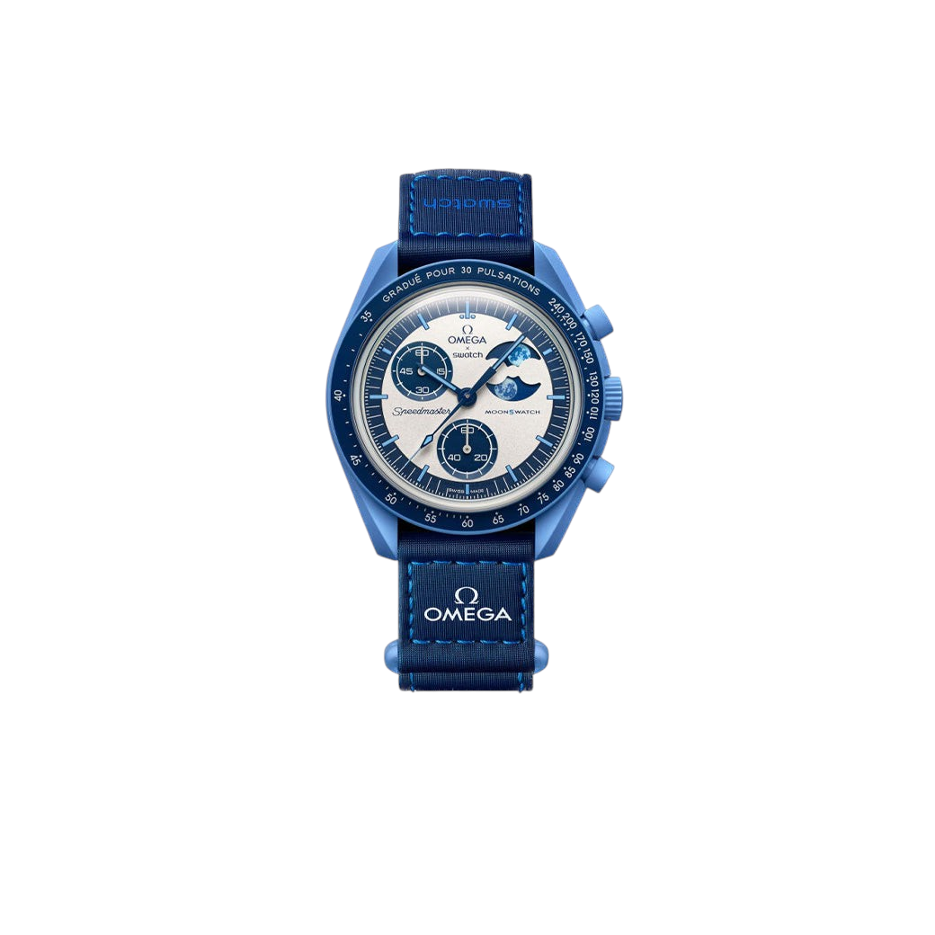 JeevzPlug Swatch x OMEGA Mission to the Super Blue Moonphase watch with a blue Bioceramic case and Snoopy moonphase.
