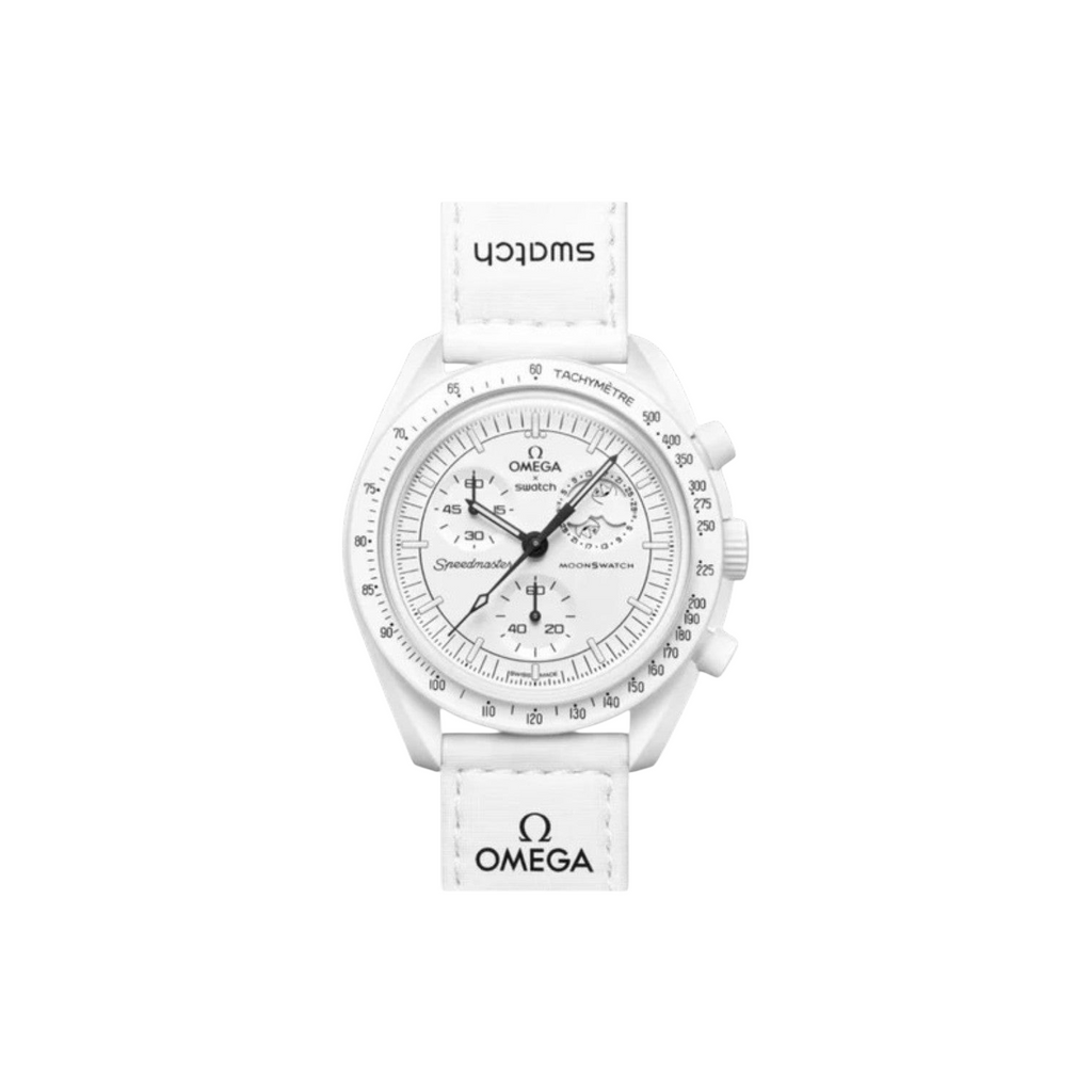 JeevzPlug Swatch x Omega Bioceramic MoonSwatch Mission to the Moonphase watch with white case and Snoopy subdial