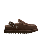 JeevzPlug UGG Goldenstar Evelina clog in burnt cedar brown suede with a buckle strap and plush shearling lining