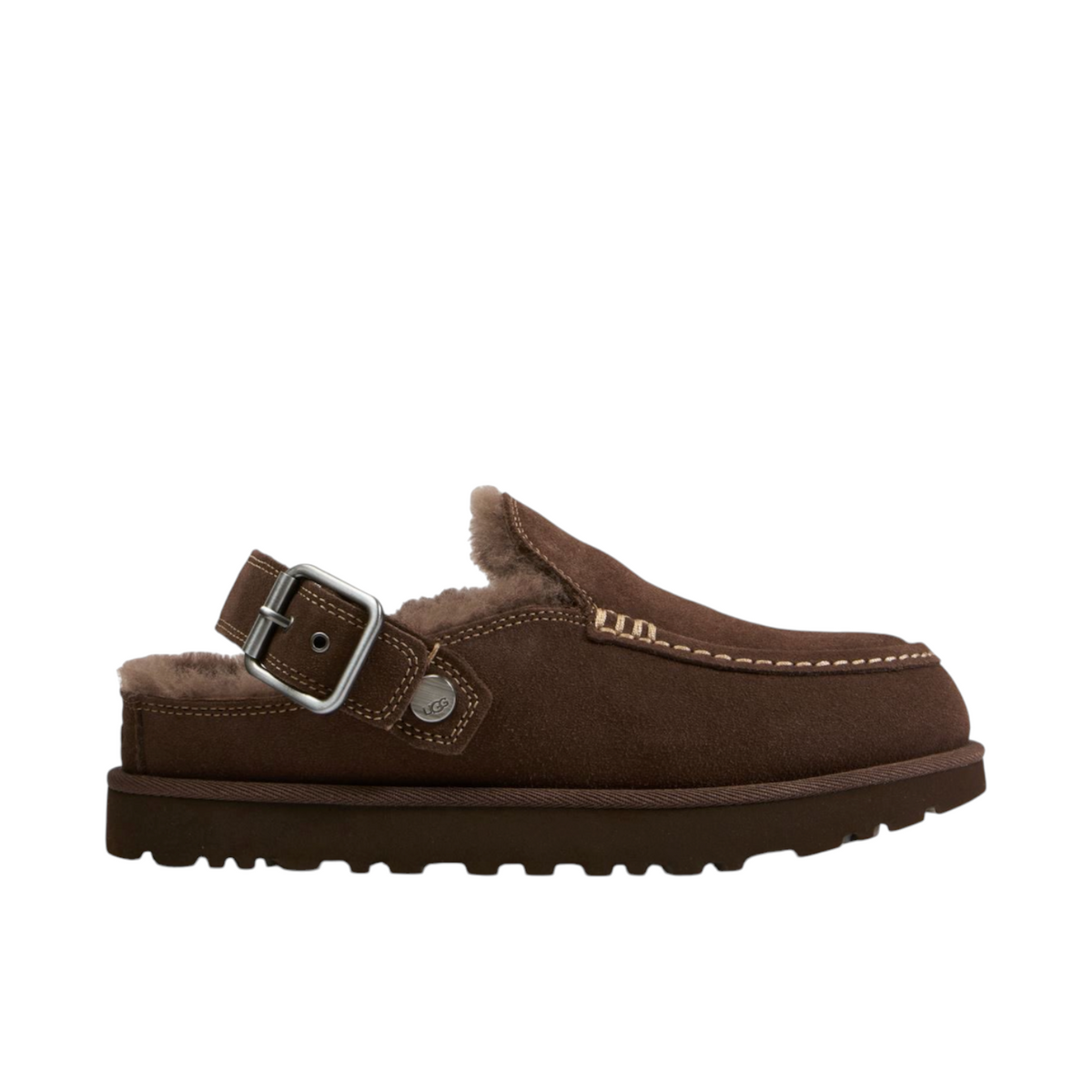 JeevzPlug UGG Goldenstar Evelina clog in burnt cedar brown suede with a buckle strap and plush shearling lining