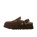 JeevzPlug UGG Goldenstar Evelina clog in burnt cedar brown suede with shearling lining and adjustable metal buckle