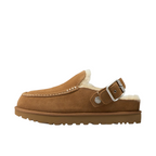 JeevzPlug UGG Goldenstar Evelina clog in chestnut brown suede with a plush cream shearling lining and buckle strap.