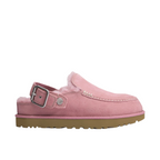 JeevzPlug UGG Goldenstar Evelina clog in pink suede with a plush shearling lining and adjustable buckle strap