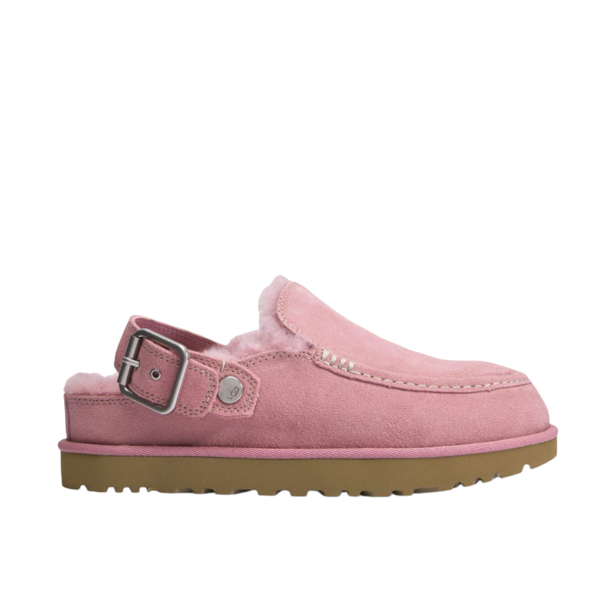 JeevzPlug UGG Goldenstar Evelina clog in pink suede with a plush shearling lining and adjustable buckle strap