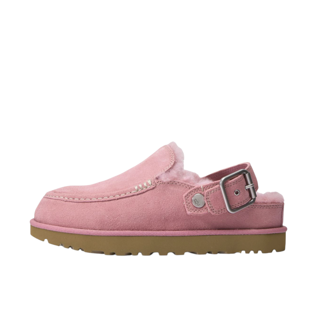 JeevzPlug UGG Goldenstar Evelina pink suede clog with adjustable buckle strap and plush sheepskin lining