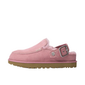 JeevzPlug UGG Goldenstar Evelina pink suede clog with adjustable buckle strap and plush sheepskin lining
