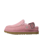 JeevzPlug UGG Goldenstar Evelina pink suede clog with adjustable buckle strap and plush sheepskin lining
