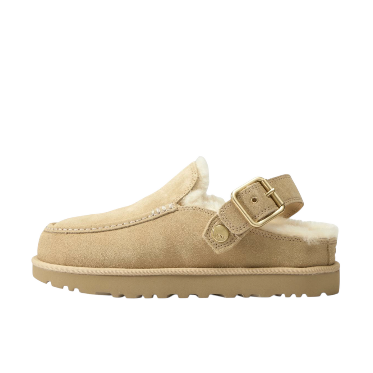 JeevzPlug UGG Goldenstar Evelina clog in sand castle beige suede with adjustable buckle strap and plush lining