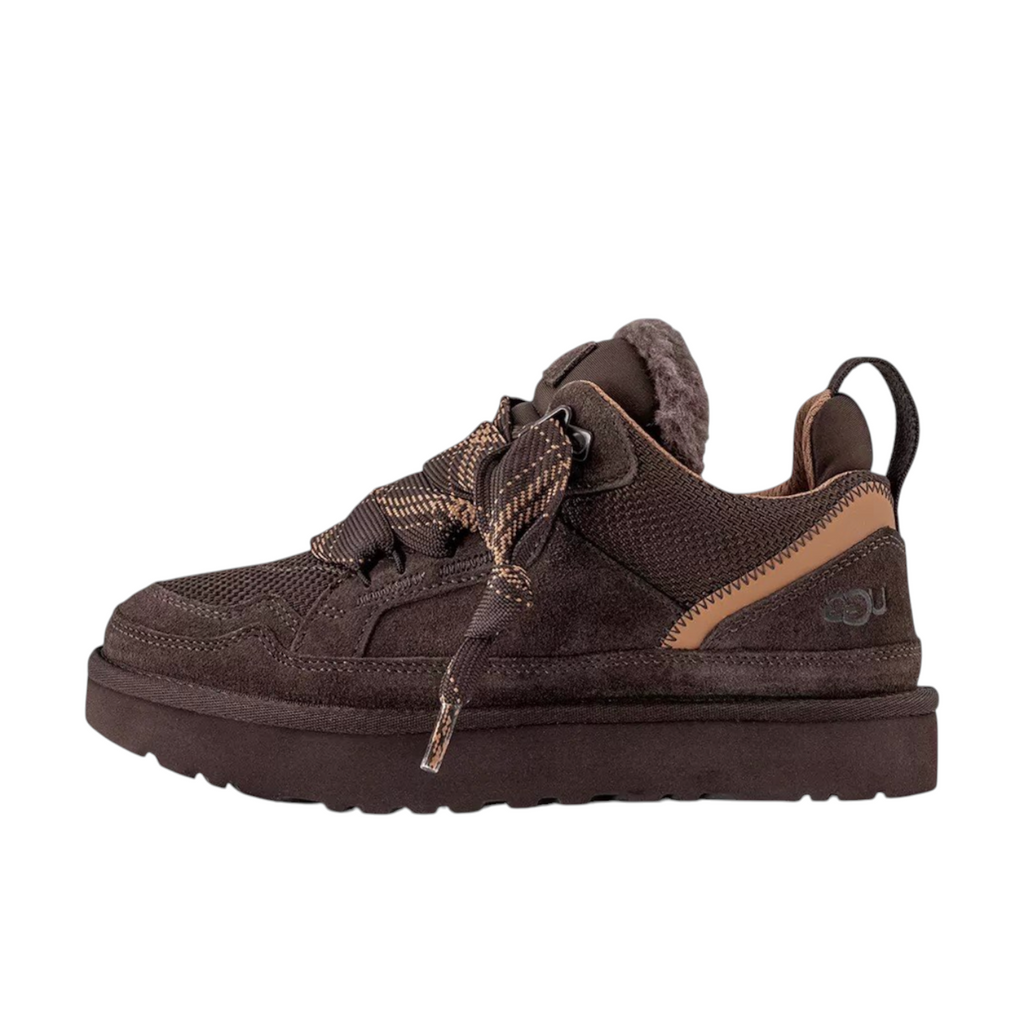 JeevzPlug UGG Lowmel Trainer in Dusted Cocoa brown suede with mesh panels and thick laces, side view.