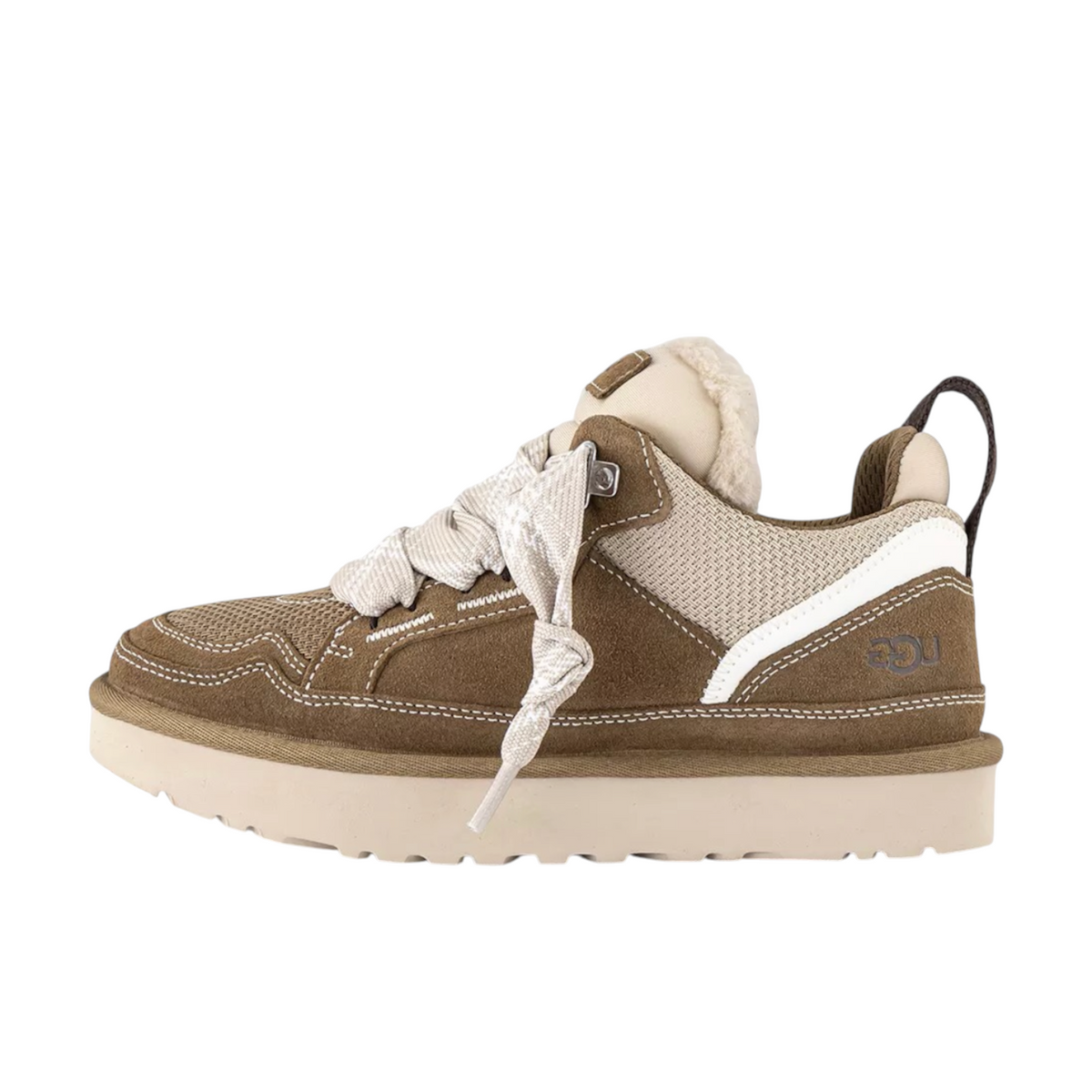 JeevzPlug UGG Lowmel Trainer in light bronze featuring suede and mesh panels with signature shearling lining