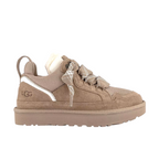 JeevzPlug UGG Lowmel Trainer in mushroom brown suede with thick patterned laces and a plush cream-colored lining.