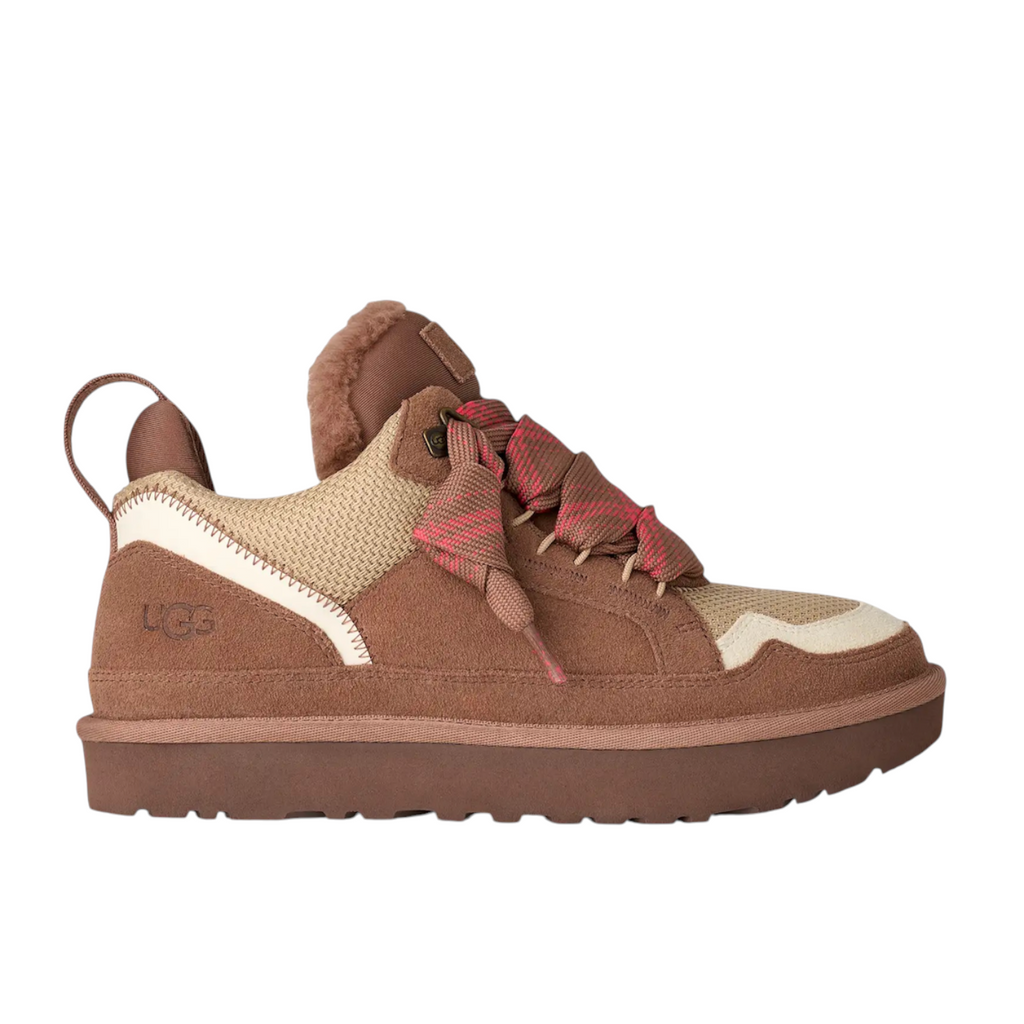 JeevzPlug UGG Lowmel Trainer in Rocky Oak brown suede and mesh with patterned laces and plush lining