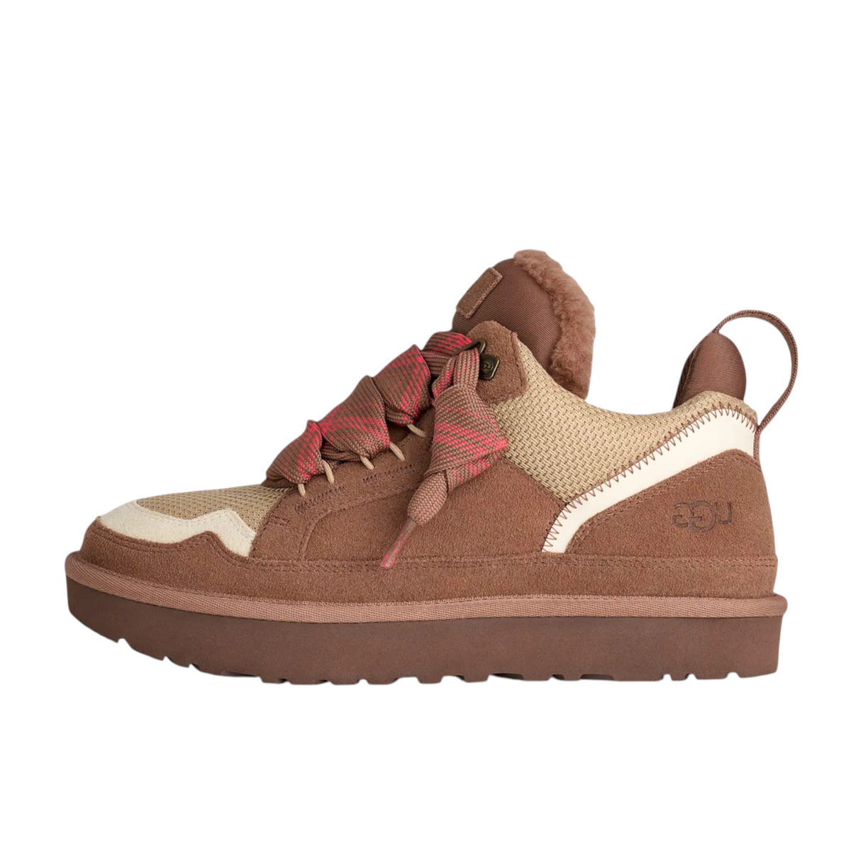JeevzPlug UGG Lowmel Trainer in Rocky Oak brown suede and mesh with thick patterned laces and plush collar