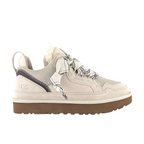 JeevzPlug UGG Lowmel Trainer in cream suede and mesh with patterned laces and a thick brown platform sole