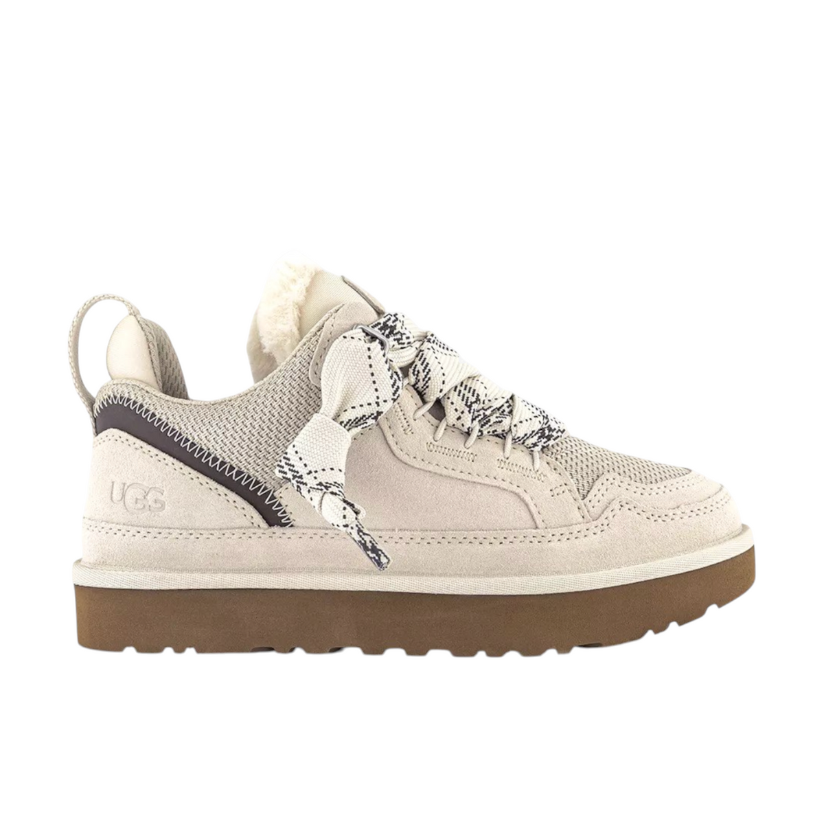 JeevzPlug UGG Lowmel Trainer in cream suede and mesh with patterned laces and a thick brown platform sole