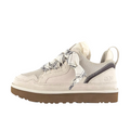 JeevzPlug UGG Lowmel Trainer in sea salt cream suede and mesh with patterned laces and a thick brown platform sole