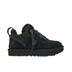 JeevzPlug UGG Lowmel Trainer in black featuring a chunky sole, suede and mesh upper, and thick patterned laces.