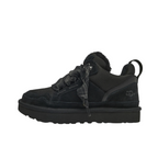 JeevzPlug UGG Lowmel Trainer in black featuring a suede and mesh upper with a thick platform sole and lace-up closure.