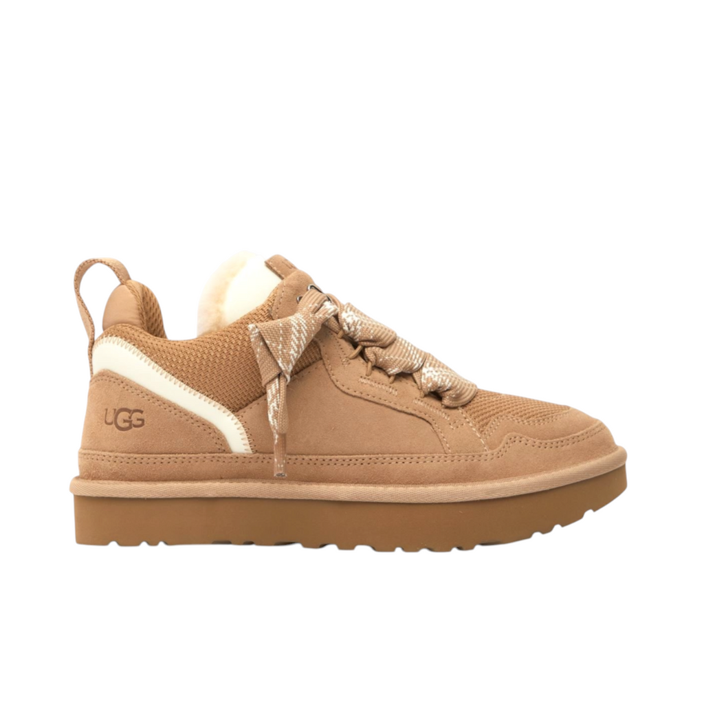 JeevzPlug UGG Lowmel Trainer in sand suede and mesh with cream shearling lining and patterned laces