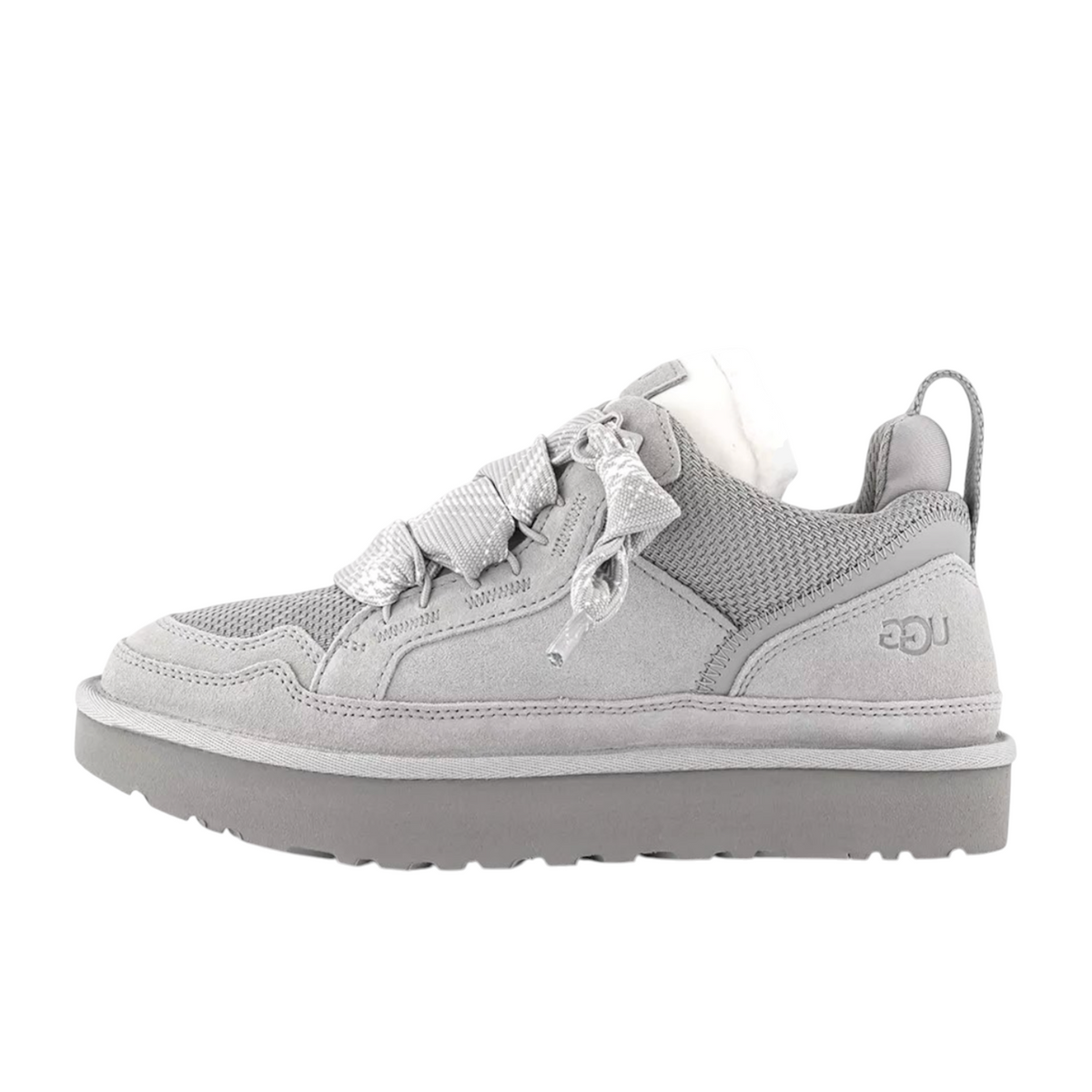 JeevzPlug UGG Lowmel Trainer in seal grey featuring suede and mesh panels with thick ribbon laces and platform sole