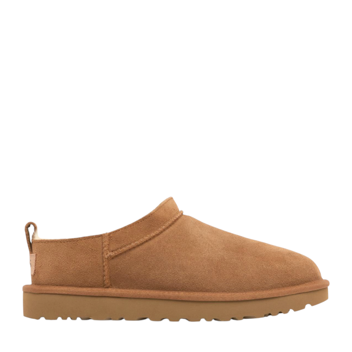 JeevzPlug UGG Micro Boot in chestnut brown suede with a plush cream shearling lining and a durable rubber sole.