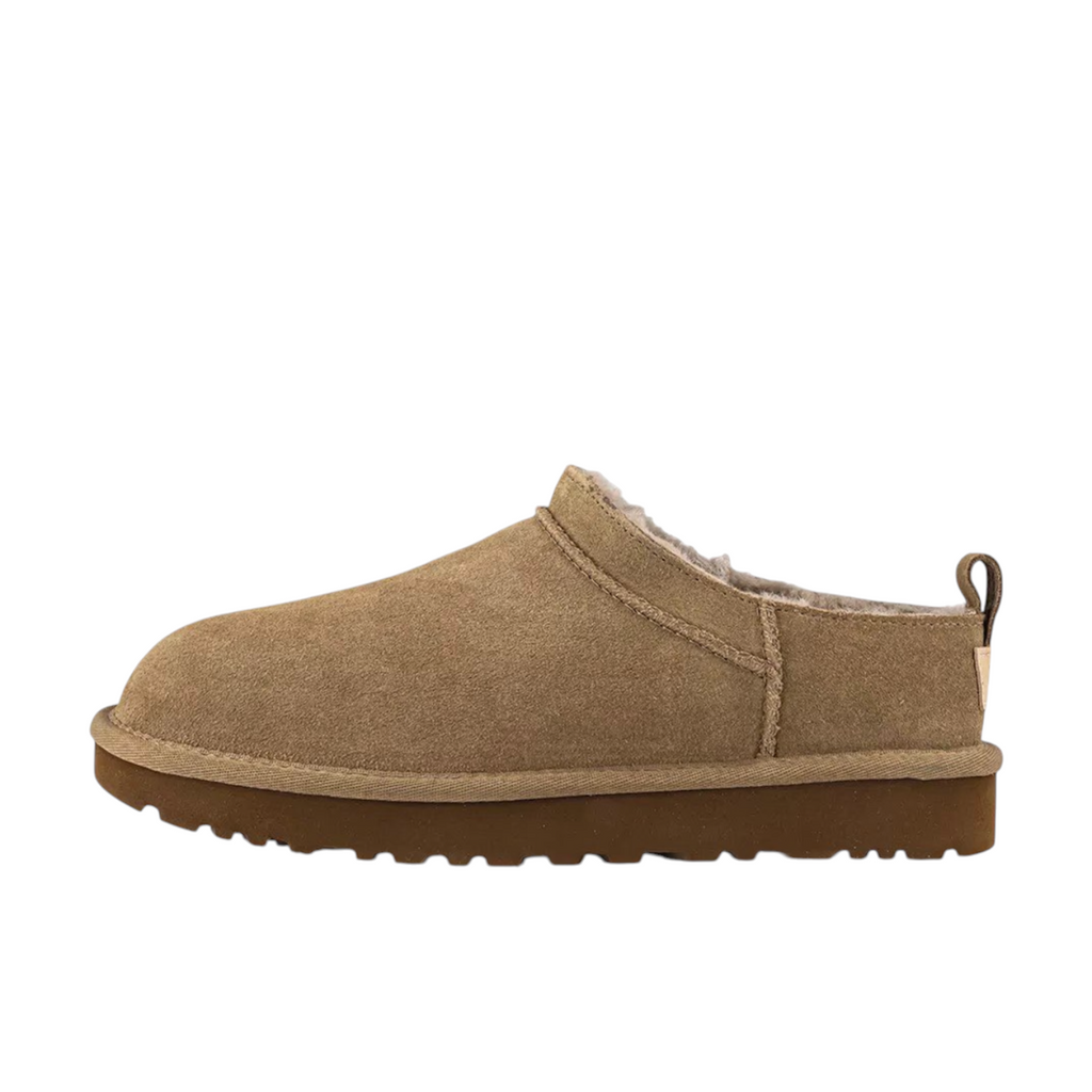 JeevzPlug UGG Micro Boot in light bronze suede with a plush shearling lining and durable brown rubber sole