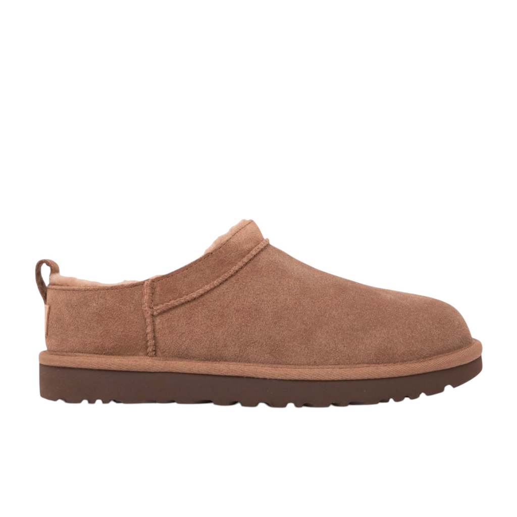 JeevzPlug UGG Micro Boot in Rocky Oak brown suede with a plush interior and durable rubber sole, side view.