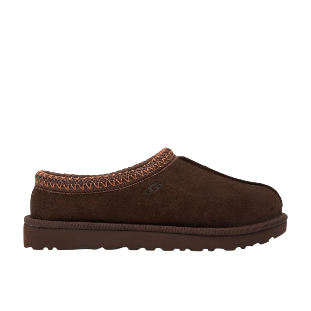 JeevzPlug UGG Tasman Slipper II in burnt cedar brown suede with signature embroidered collar and platform sole