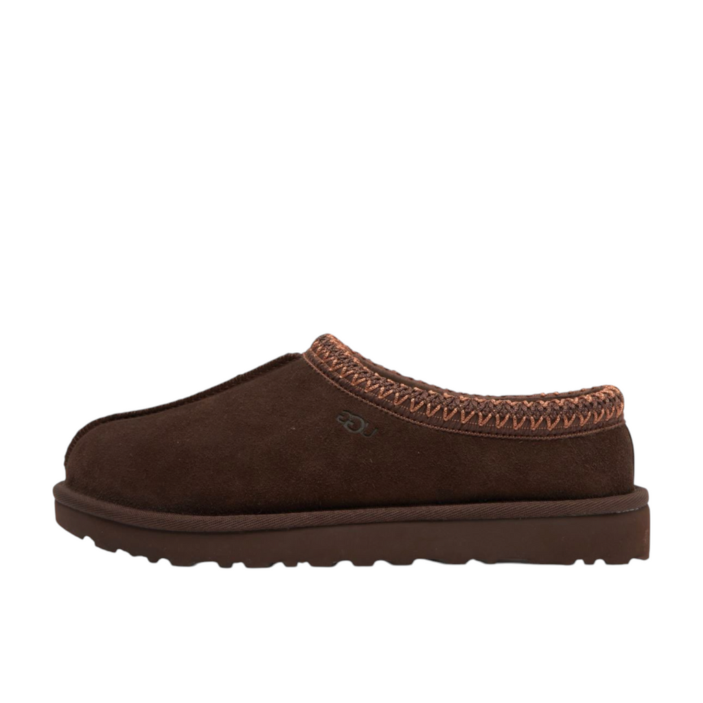 JeevzPlug UGG Tasman Slipper II in burnt cedar brown suede with signature embroidered collar and rubber sole