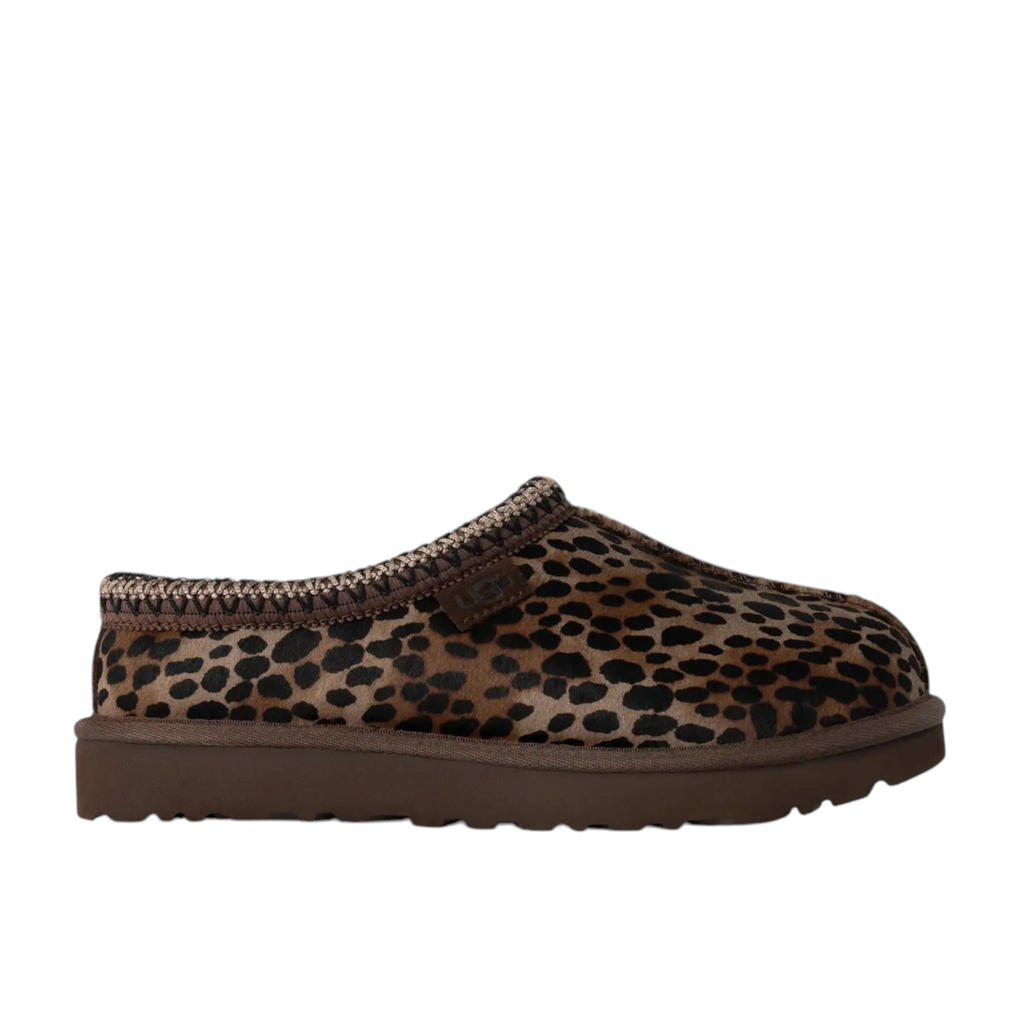 JeevzPlug UGG Tasman Slipper II in burnt cedar leopard print with brown sole and braided collar detail.