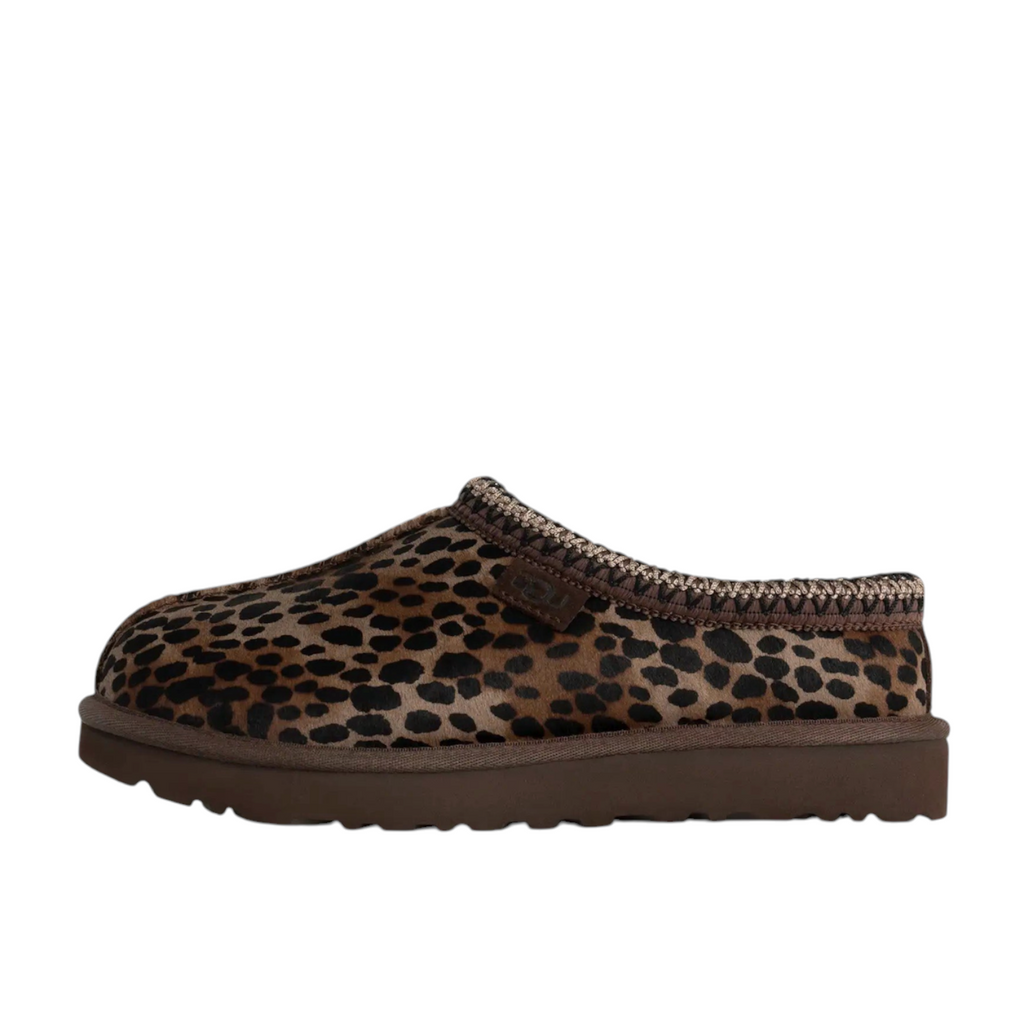 JeevzPlug UGG Tasman Slipper II in burnt cedar brown with a leopard print pattern and signature braided collar