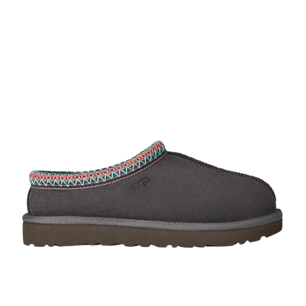 JeevzPlug UGG Tasman Slipper II in dark grey suede with signature embroidered braid collar and durable rubber sole