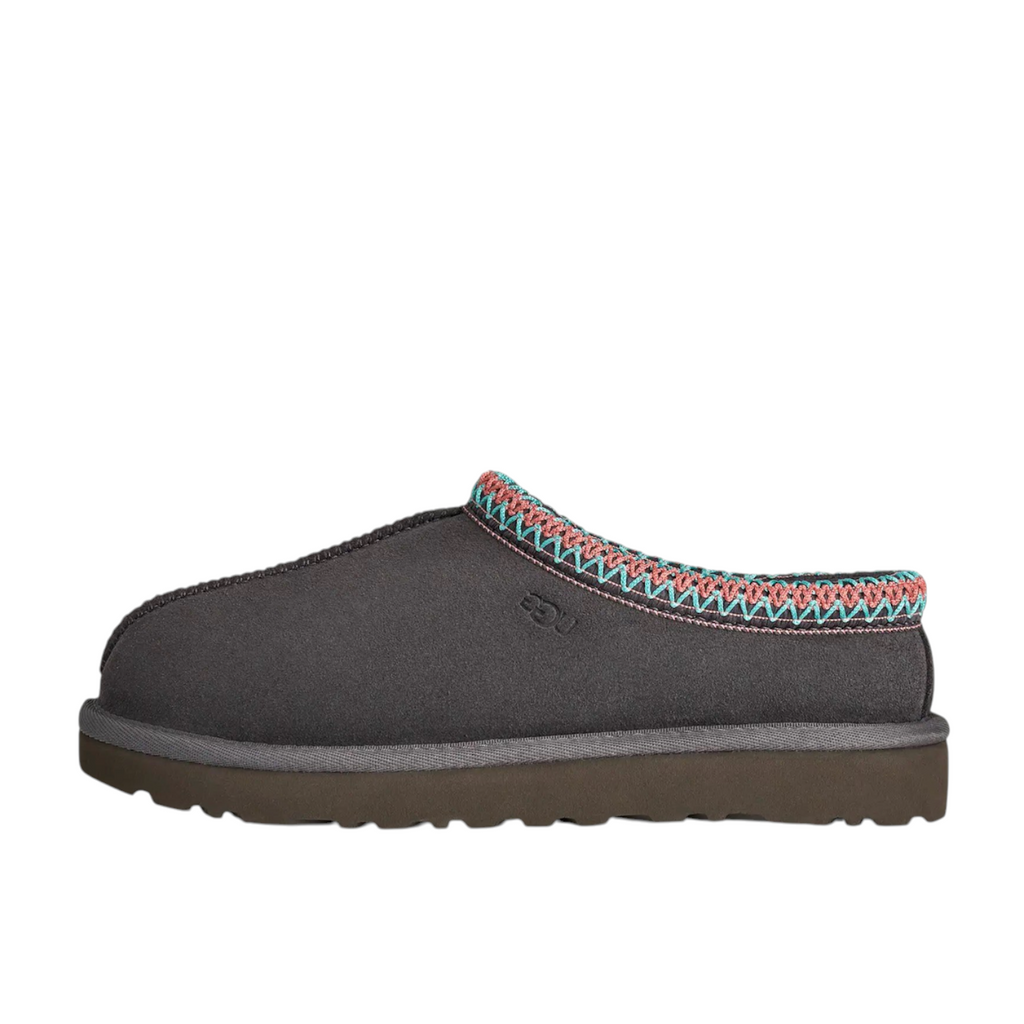 JeevzPlug UGG Tasman Slipper II in dark grey suede with signature embroidered braid trim on the collar