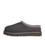 JeevzPlug UGG Tasman Slipper II in dark grey suede with signature embroidered braid trim on the collar