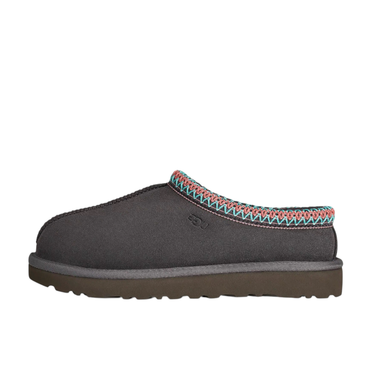 JeevzPlug UGG Tasman Slipper II in dark grey suede with signature embroidered braid trim on the collar