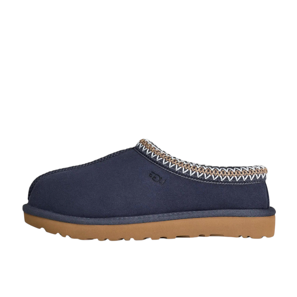 JeevzPlug UGG Tasman Slipper II in dark indigo blue suede with signature embroidered collar and gum rubber sole