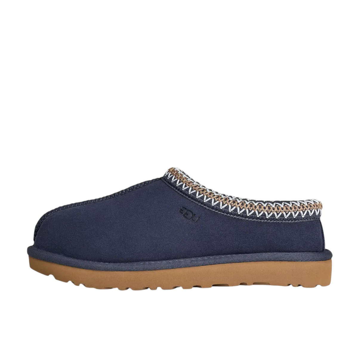 JeevzPlug UGG Tasman Slipper II in dark indigo blue suede with signature embroidered collar and gum rubber sole