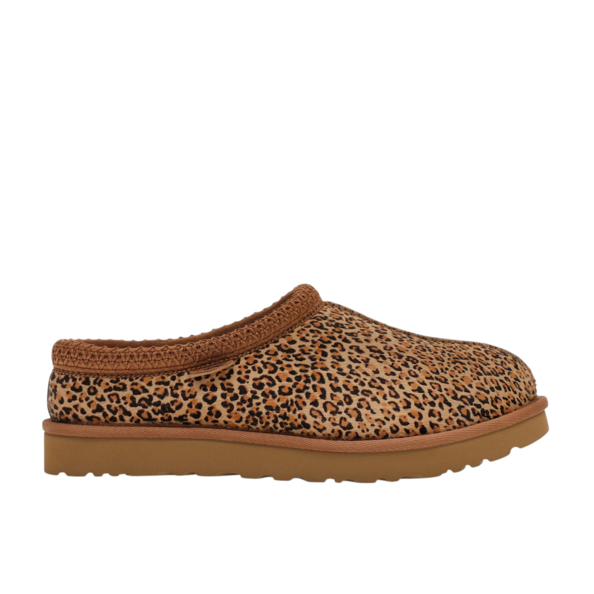 JeevzPlug UGG Tasman Slipper II in leopard print with brown trim and signature braided collar detail