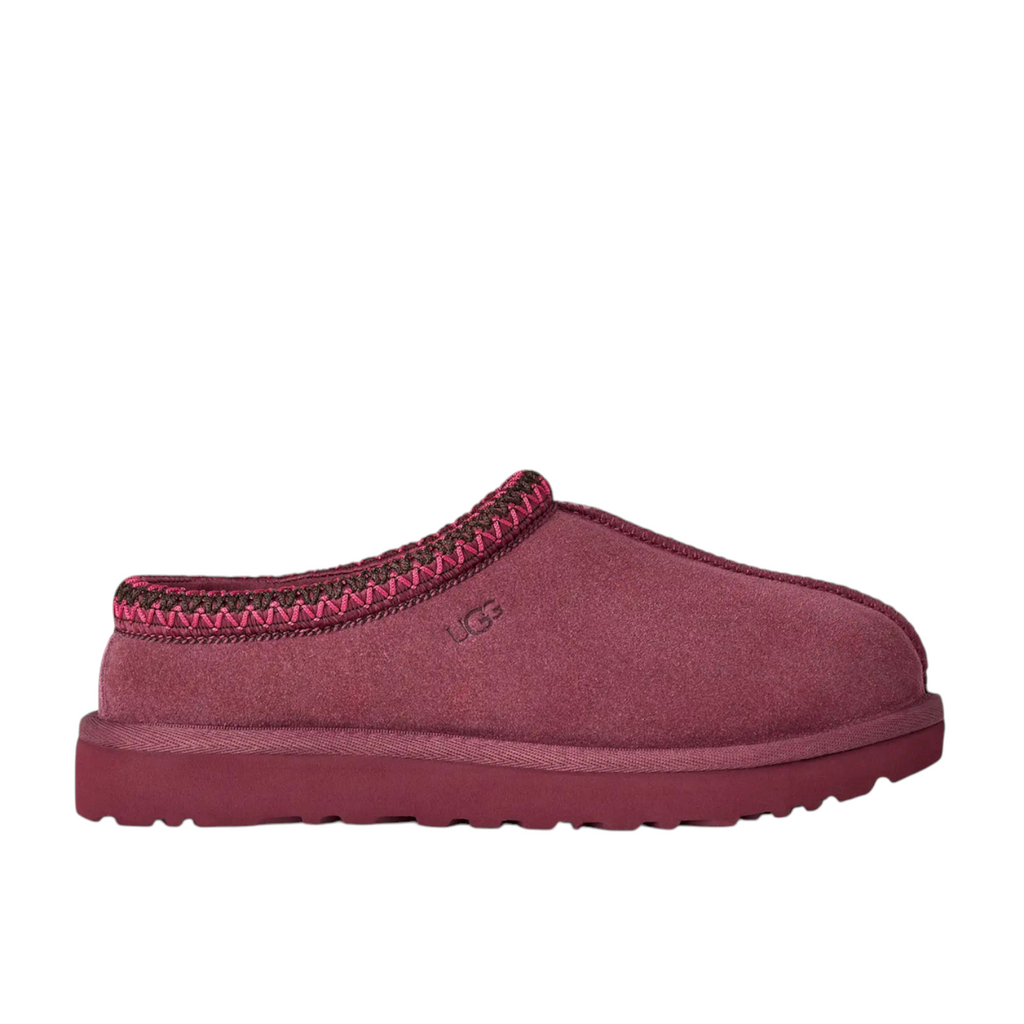 JeevzPlug UGG Tasman Slipper II in burnt magenta suede with signature braided collar and embossed logo