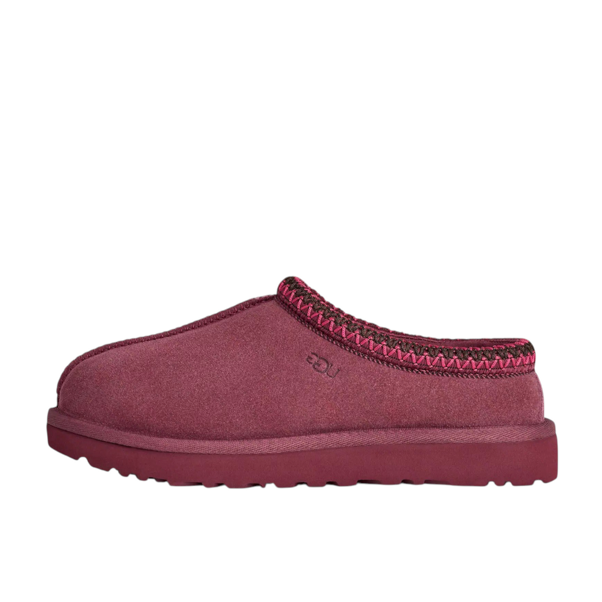 JeevzPlug UGG Tasman Slipper II in burnt magenta suede with signature embroidered collar and durable rubber sole