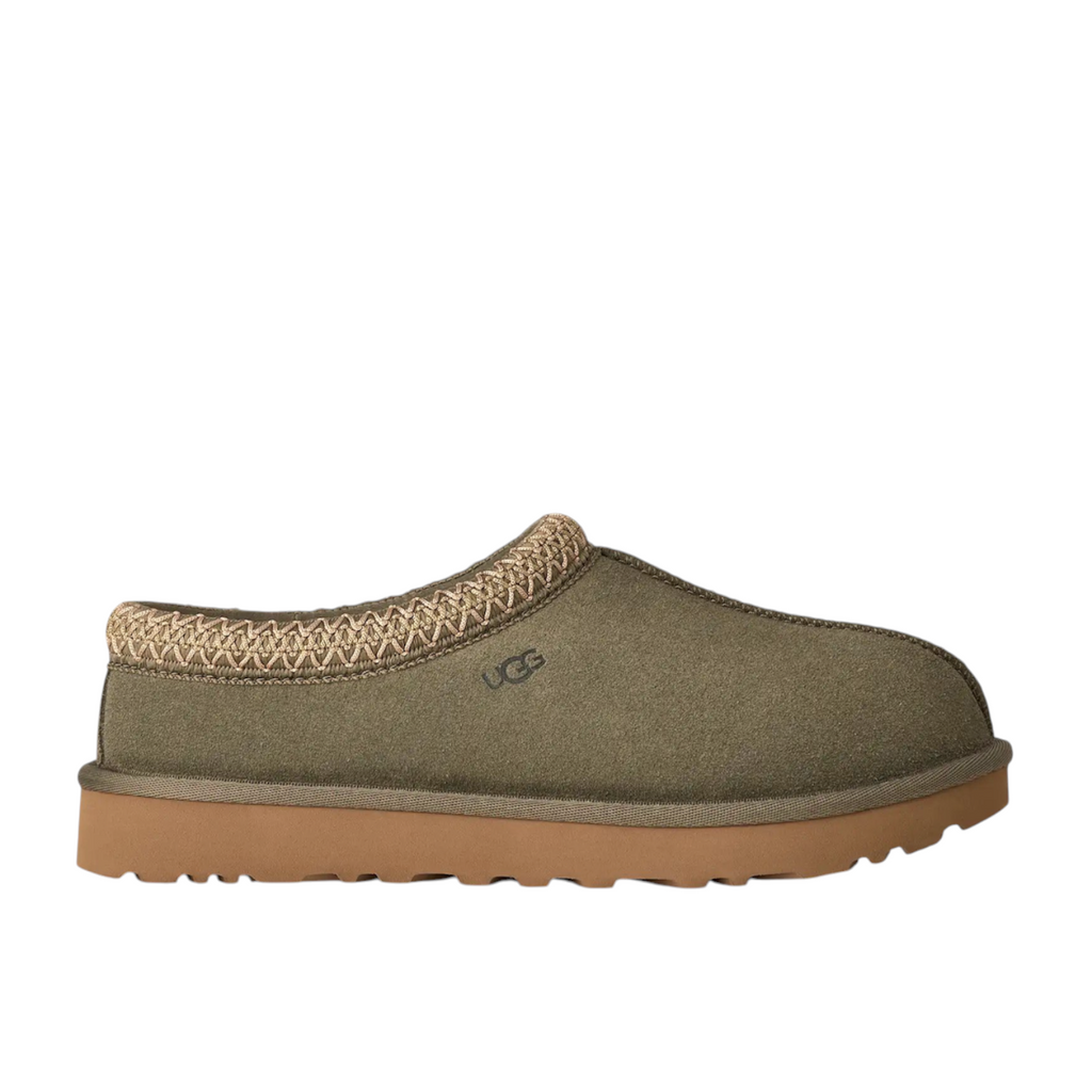 JeevzPlug UGG Tasman Slipper II in moss green suede with signature braided collar and tan rubber platform sole