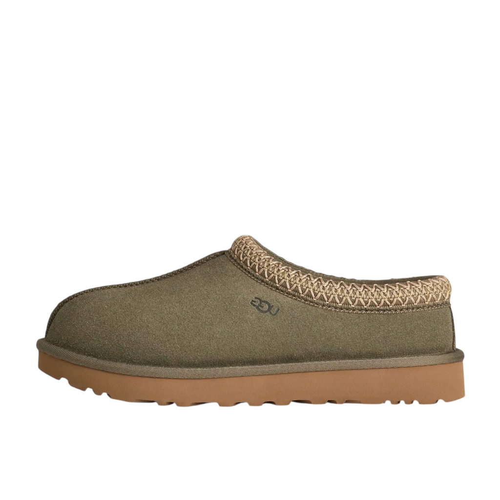 JeevzPlug UGG Tasman Slipper II in moss green suede with signature braided collar and durable gum rubber sole