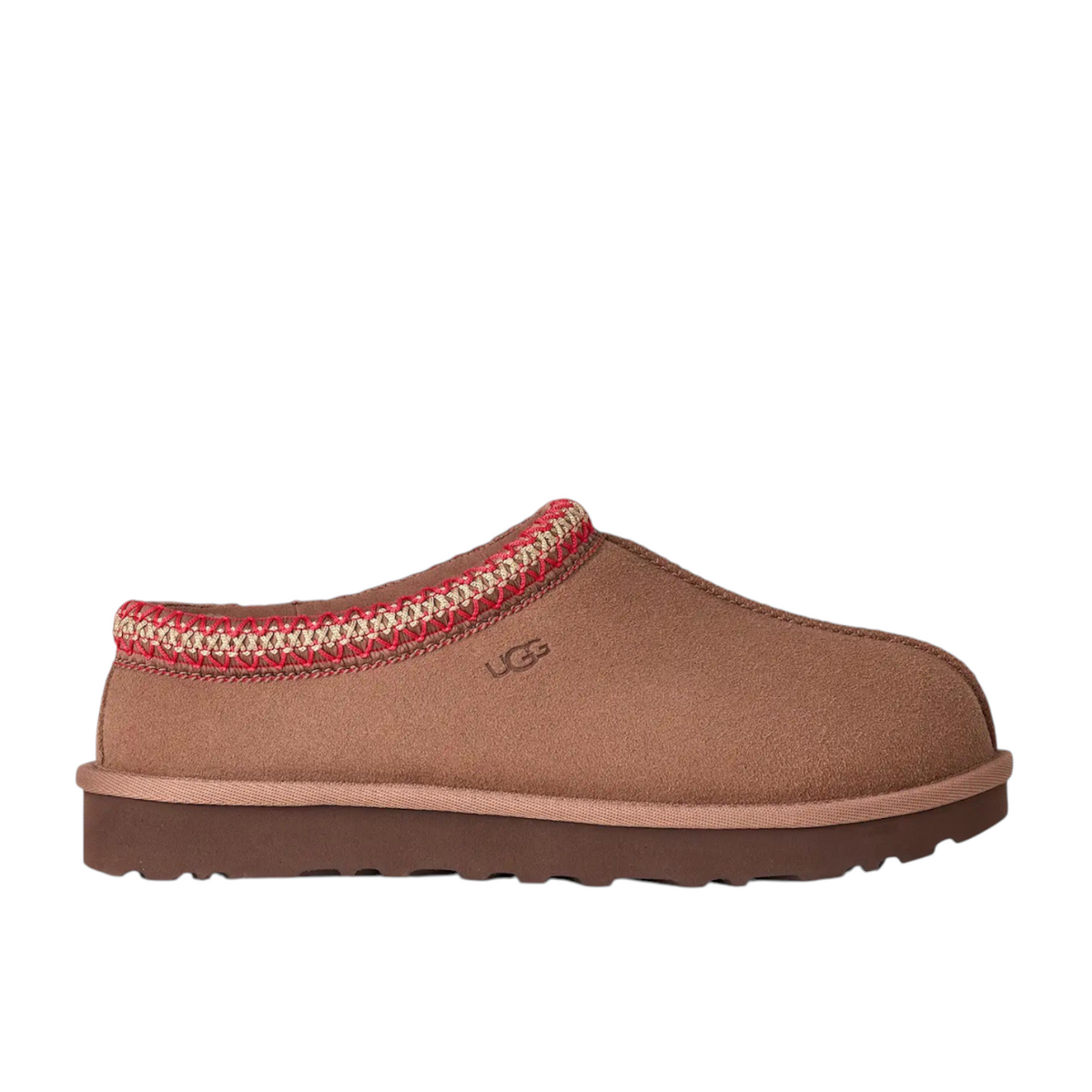 JeevzPlug UGG Tasman Slipper II in Rocky Oak brown suede with signature embroidered collar trim