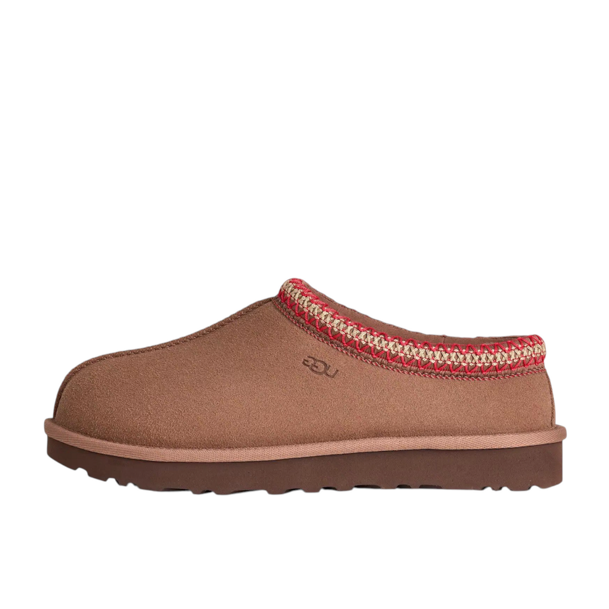 JeevzPlug UGG Tasman Slipper II in Rocky Oak brown suede with signature embroidered braid collar and rubber sole