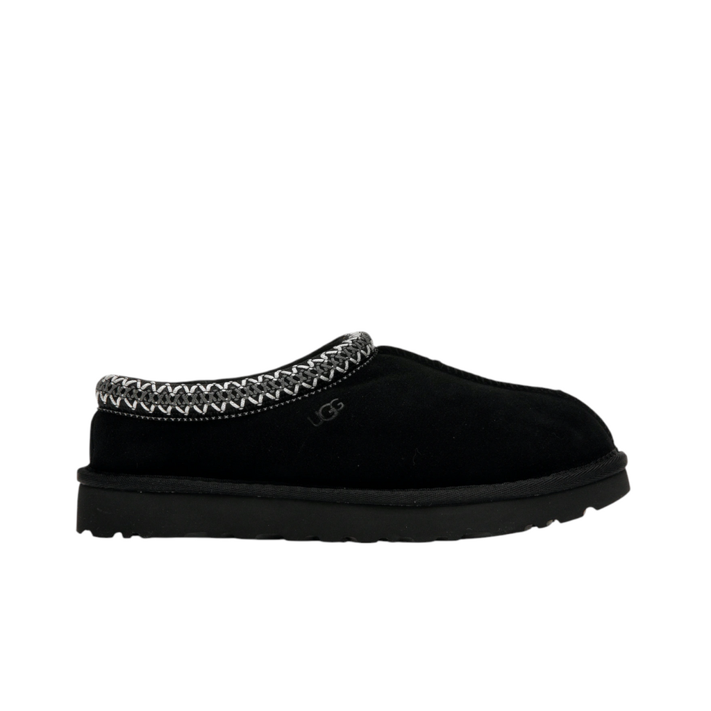JeevzPlug UGG Tasman slipper in black suede with signature embroidered braid detail on the collar
