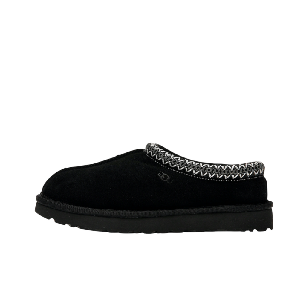 JeevzPlug UGG Tasman slipper in black suede with signature embroidered collar detail, side view