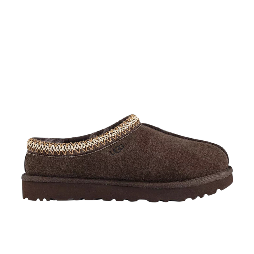 JeevzPlug UGG Tasman Slipper II in dusted cocoa brown suede with signature embroidered braid trim and plush lining.